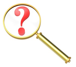 Magnifier with question mark isolated on white.